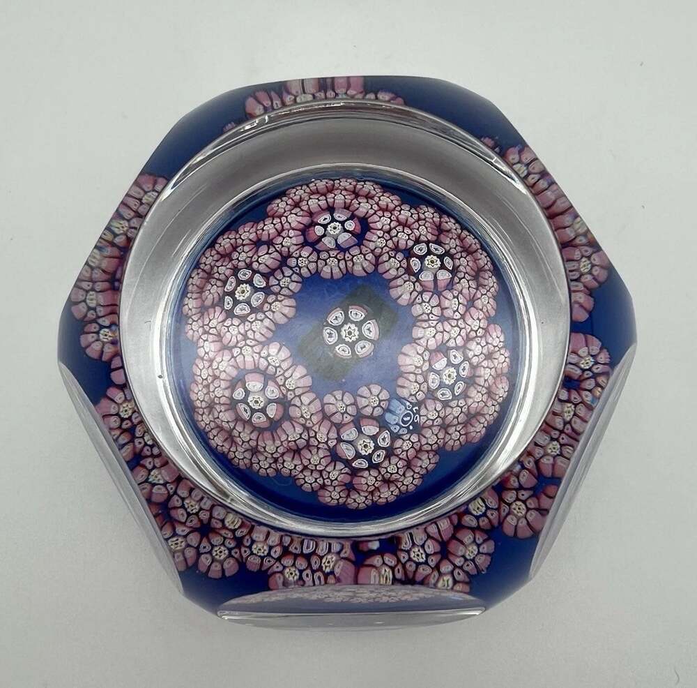 Whitefriars 1979 Faceted Millefiori Garland Art Glass Paperweight 3” Blue Ground